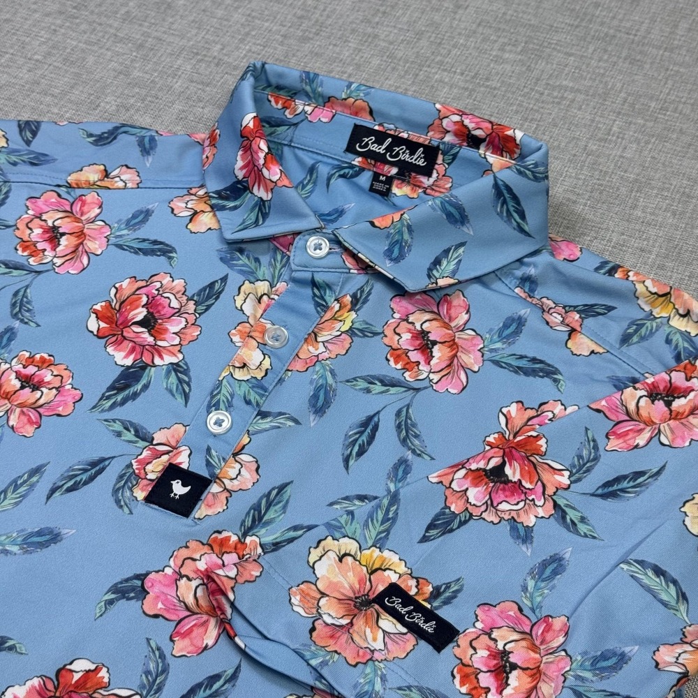 Bad Birdie Floral Polo Shirt Mens M Blue Performance Golf Short Sleeve